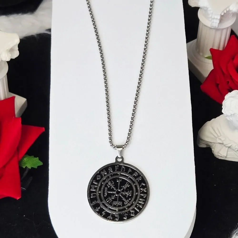 Vegvisir Viking Compass Necklace Norse Rune Amulet Pendant 24” Silver Box Chain